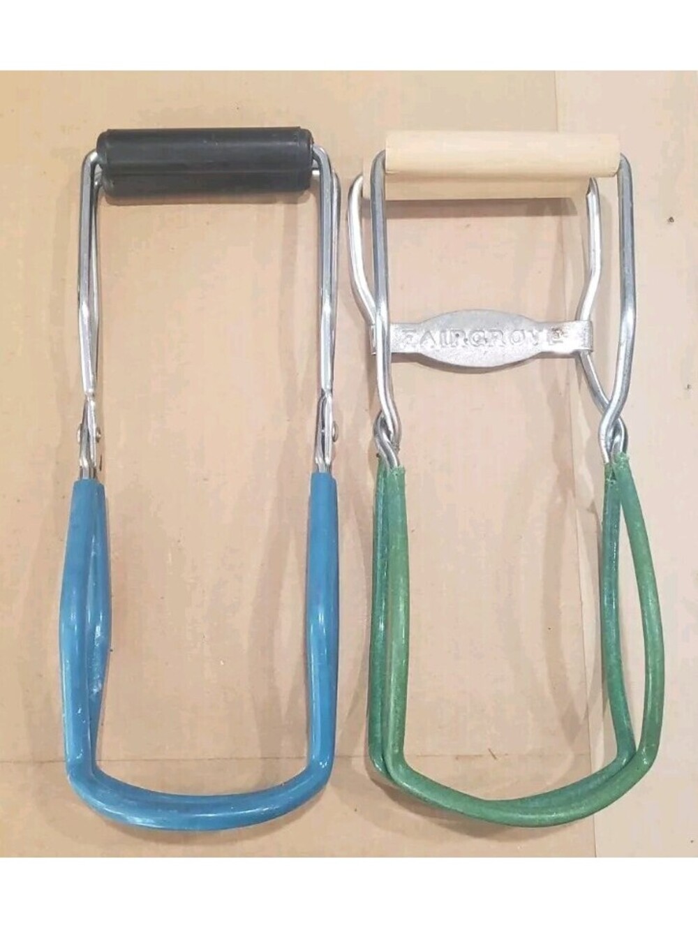VTG Antique Canning Mason Jar Lifter Tongs Wood Handle Fairgrove Blue Green
